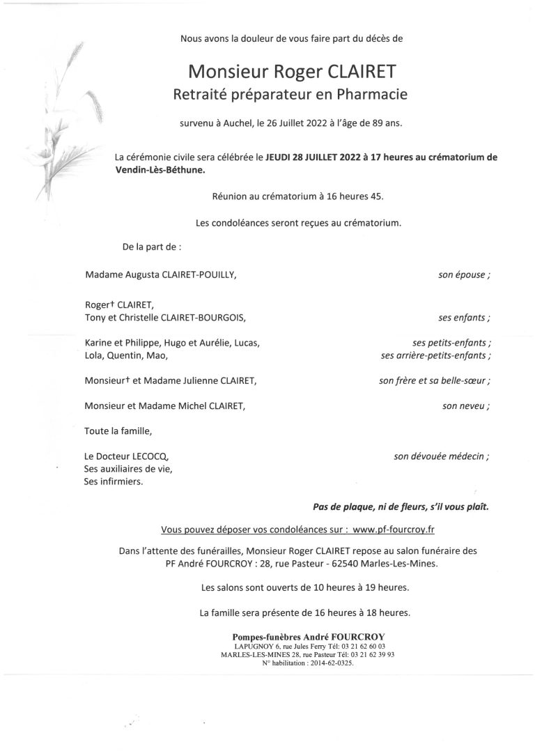 Pompes Funèbres Delpierre Auchel Avis De Décès